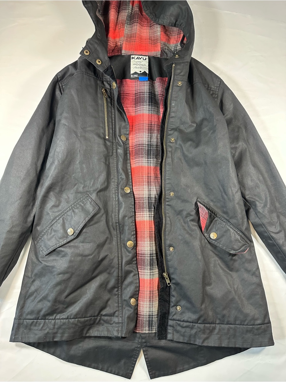 Kavu Black Hooded Field Jacket with Red Plaid Lining